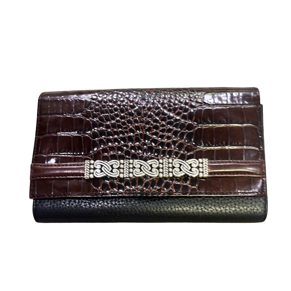 Brighton Croc Embossed Leather Tri-Fold Wallet Brown Black Silver Scrollwork
